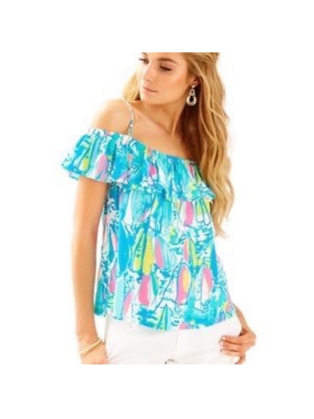 Lilly Pulitzer Aqua Multicolor Off-Shoulder Ruffle Camisole
